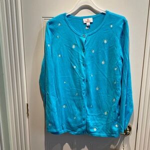 Quacker Factory Turquoise Button Down with White Embellishments